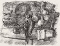 Freehand drawing of rural still life with onions bunch, dried fish, horseshoe and padlock hanging on wooden wall