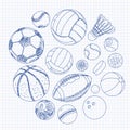 Freehand drawing sport balls on a sheet of exercise book Royalty Free Stock Photo