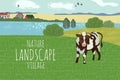 Freehand drawing of a summer day in the village. Cute vector illustration of a rural landscape with cow, trees, lake and grass Royalty Free Stock Photo