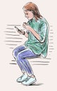 Freehand drawing of teen girl sitting on park bench and looking at smartphones on summer day