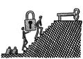 Drawn Men Carrying Padlock To Its Key Atop Stairs