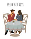 Young girl and a guy are drinking hot coffee in a cafe. Cute isolated vector illustration of a couple in love sitting at Royalty Free Stock Photo