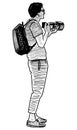 Freehand drawing of young photographer with backpack and camera standing and looking