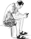 Freehand drawing of young townsman sitting outdoors and looking at smartphone Royalty Free Stock Photo