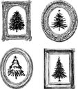 Freehand drawings of christmas trees in various decorative picture frames