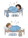 Freehand drawings of little kids sleeping in their beds