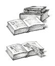 Freehand drawings of old printed open and closed books