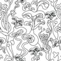 Freehand drawn line magic mushrooms seamless pattern.