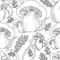 Freehand drawn line magic mushrooms seamless pattern.