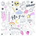 Freehand Kids Magical Doodle with Unicorn and Rainbow. Hand Drawn Fairytale Elements Set