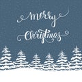 Freehand Merry Christmas Vector Illustration White Fir Trees in Forest Snowfall Lettering. Navy Blue Background. New Year Royalty Free Stock Photo