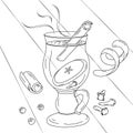 Freehand outline drawing of glass cup with mulled wine, cinnamon stick, cloves and apple slice. EPS