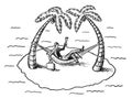 Drawn Man Resting In Hammock On Tropical Island