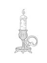 Freehand pencil drawing of a candlestick with burning candles. Sketchy vintage candlestick