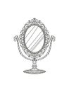 Freehand pencil drawing of a vintage table mirror. Sketchy antique baroque mirror. Vector illustration.