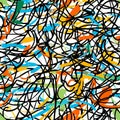 A freehand scribble pattern of chaotic lines, loops, and abstract forms