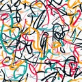 A freehand scribble pattern of chaotic lines, loops, and abstract forms