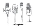 Freehand simple drawn Microphones set, vector illustration design.