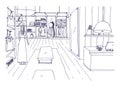 Freehand sketch of apparel shop interior with counter, hanging racks, furnishings, mannequin dressed in stylish clothes