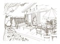 Freehand sketch of backyard patio or terrace furnished in Scandic hygge style. House veranda with trendy modern