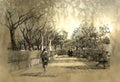 Freehand sketch of city park walkway Royalty Free Stock Photo