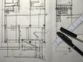 Freehand sketch drawing of building structure on tracing paper w