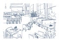 Freehand sketch of furnished interior of fancy restaurant or bistro hand drawn with contour lines on white background