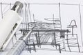 Freehand sketch of interior design with drawing tools macro