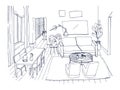 Freehand sketch of living room with window, comfortable couch, dinner table, chairs