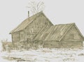 Freehand textured pencil drawing of rural landscape with silhouettes old wooden house and barn Royalty Free Stock Photo