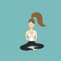 Freehand vector doodle illustration in cartoon style of young Caucasian woman girl sitting in yoga lotus pose with joined hands
