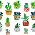 Freehand watercolor seamless pattern, cacti in pots