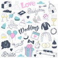 Freehand Wedding Hand Drawn Doodle with Bride, Hearts and Romantic Elements. Love and Romance Royalty Free Stock Photo