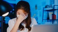 Freelance Asia women wear face mask using laptop hard work at new normal home office. Working from house overload at night, self