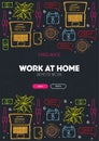 Freelance banner with hand draw doodle background. Popular symbols and elements of remote work.