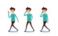 Freelance character Design. Set of guy in casual clothes using smartphone in various poses happy emotional.