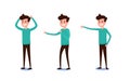 Freelance character Design. Set of guy in casual clothes in various poses angry emotions. Different emotions and poses