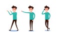 Freelance character Design. Set of guy in casual clothes in various poses happy emotional. Different emotions and poses
