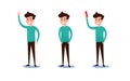 Freelance character Design. Set of guy in casual clothes in various poses happy emotional. Different emotions and poses