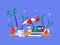 Freelance concept 3D illustration. Icon composition with workplace on tropical island beach, laptop under umbrella, doing work