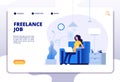 Freelance concept. Girl freelancer on sofa working with computer home. Landing page vector design