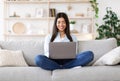 Freelance Concept. Smiling Korean Girl Working Online On Laptop At Home Royalty Free Stock Photo