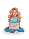 Freelance female character, working from home with a laptop, sitting in the Lotus position. Home office. Telecommuting