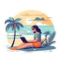 A freelance girl on the beach under a palm tree. A business woman is sitting on the coast and working with a laptop. Generative AI Royalty Free Stock Photo