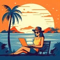 A freelance girl on the beach under a palm tree. A business woman is sitting on the coast and working with a laptop. Generative AI Royalty Free Stock Photo