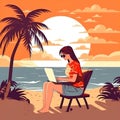 A freelance girl on the beach under a palm tree. A business woman is sitting on the coast and working with a laptop. Generative AI Royalty Free Stock Photo