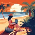 A freelance girl on the beach under a palm tree. A business woman is sitting on the coast and working with a laptop. Generative AI Royalty Free Stock Photo