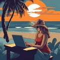 A freelance girl on the beach under a palm tree. A business woman is sitting on the coast and working with a laptop. Generative AI Royalty Free Stock Photo