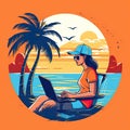 A freelance girl on the beach under a palm tree. A business woman is sitting on the coast and working with a laptop. Generative AI Royalty Free Stock Photo