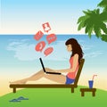 Freelance girl work on beach